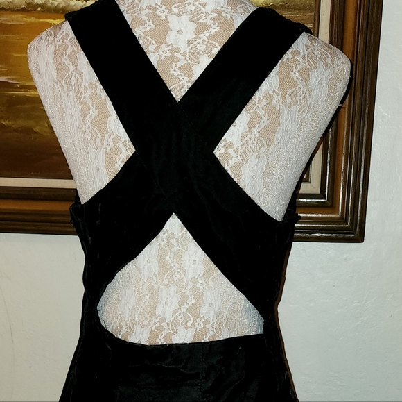 Vintage 1980s Black Crushed Velvet Gold Accents Party Cocktail Dress